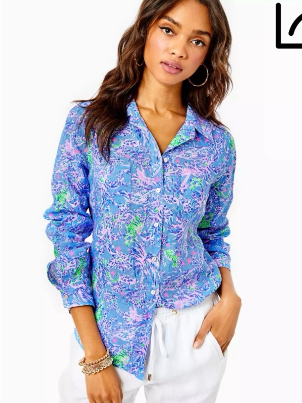 Lilly Pulitzer Sea View, Blue Floral Shirt with Pink & Green Accents Size XS